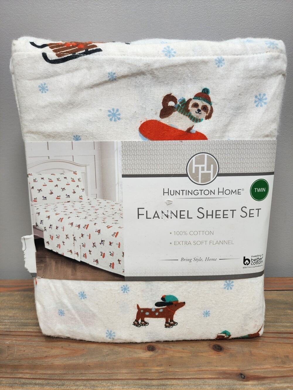 Huntington Home 3 PC Twin 100% Cotton Flannel Sheet Set Dog Fun In The Snow